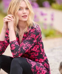 Button Detail Printed Jersey Tunic Top
