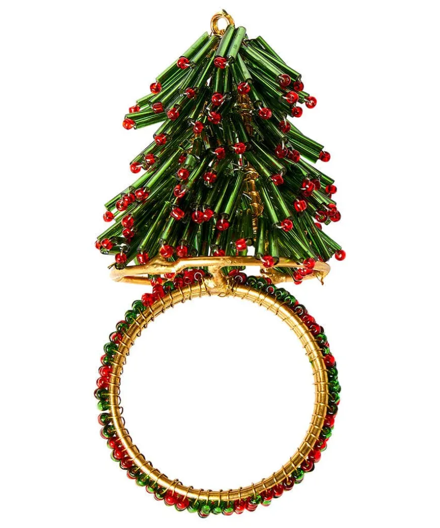 Set Of 4 Christmas Tree Beaded Napkin Rings
