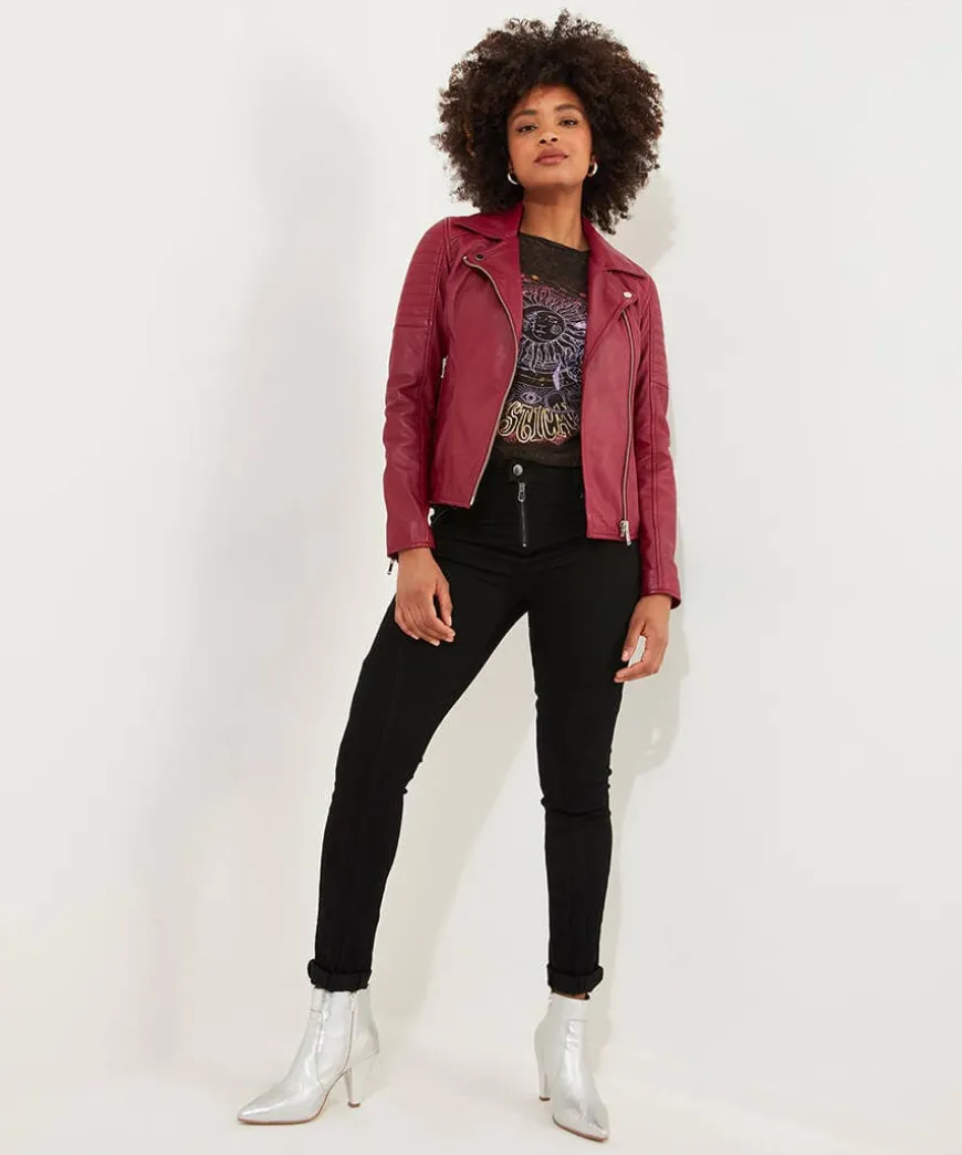 Stitch Detail Leather Biker Jacket
